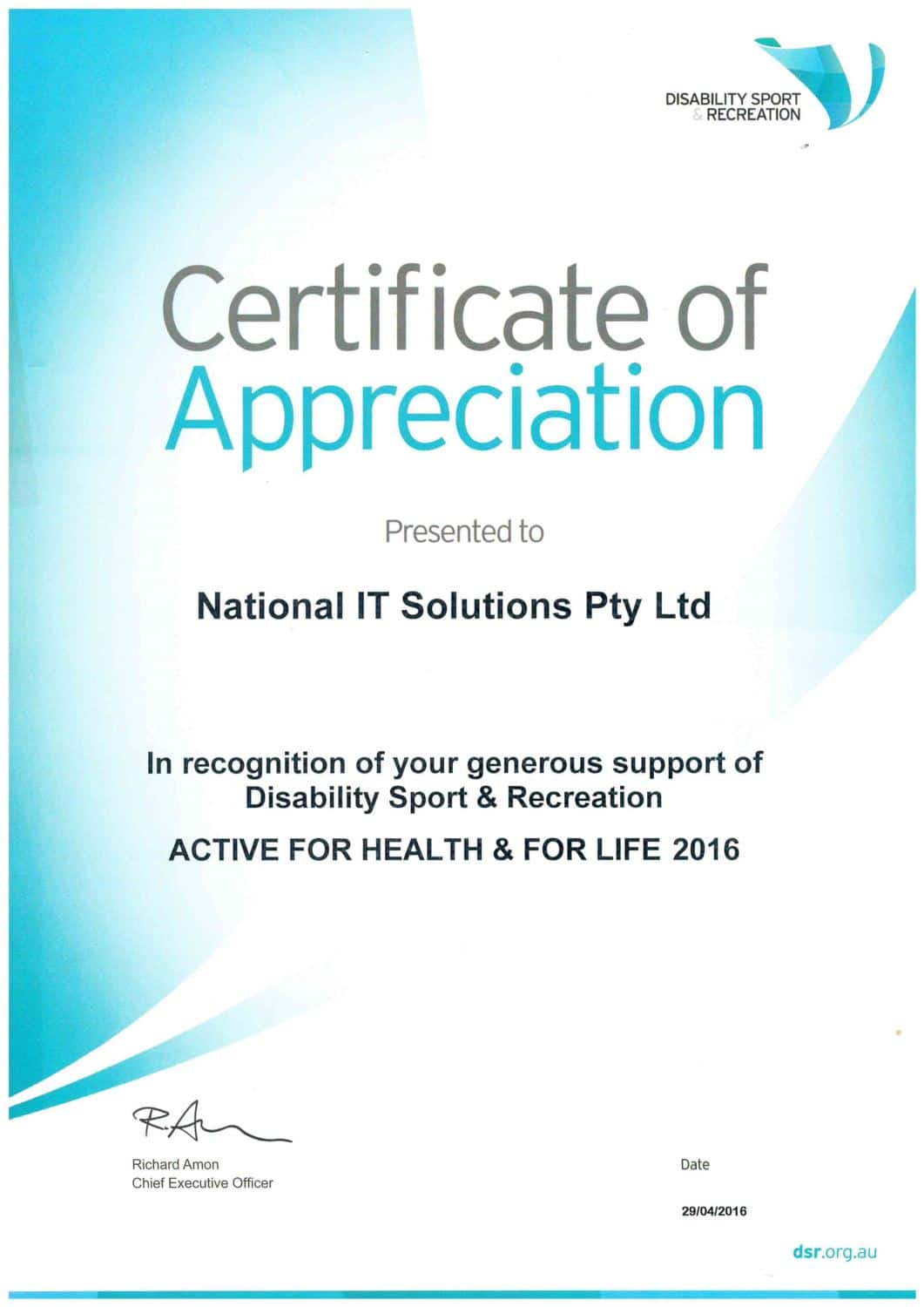 Certificate of Appreciation DSR 2016